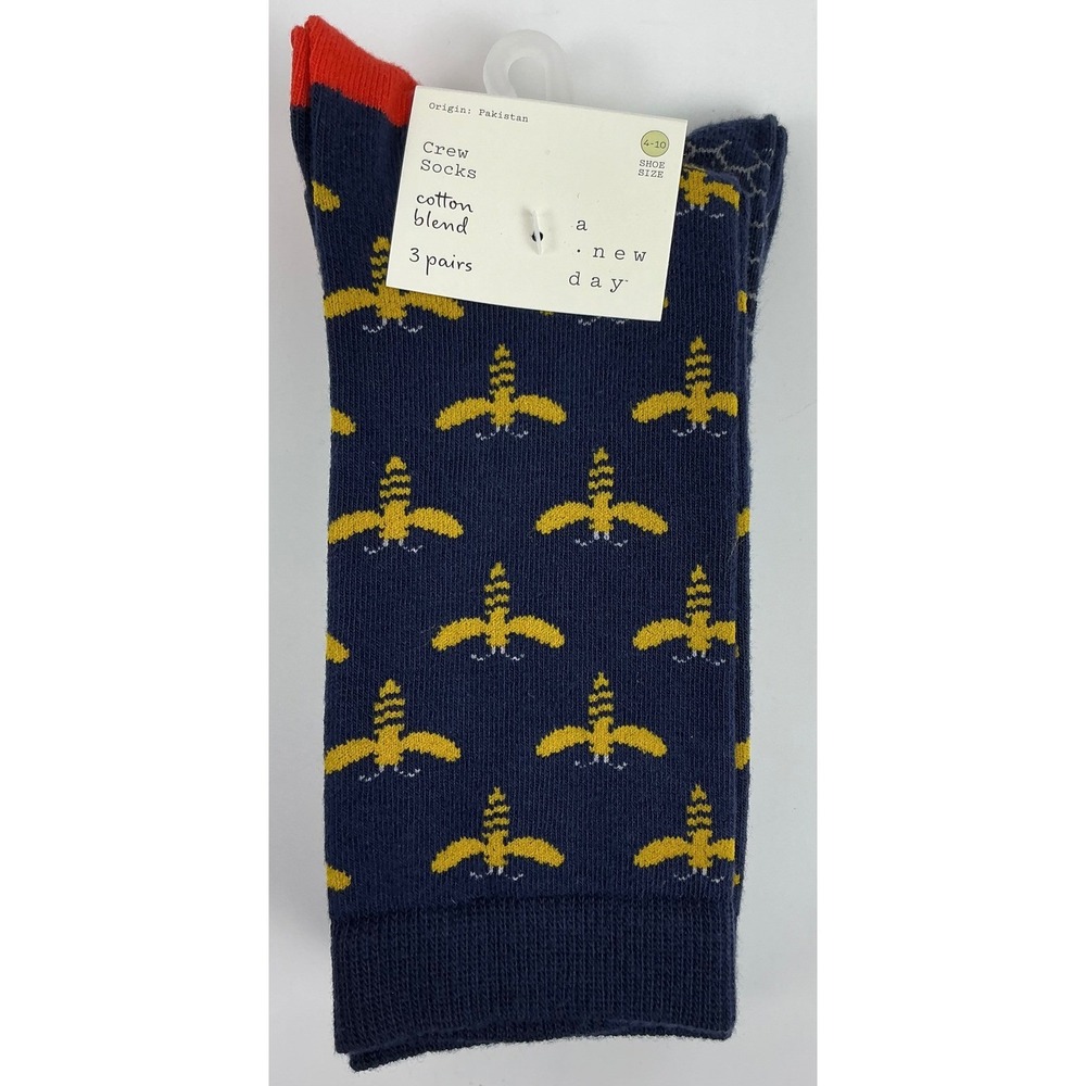 A New Day Crew Socks 3 Pairs Size 4-10 Navy Blue Yellow Pink Orange Birds